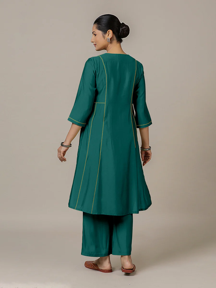 Mahi x Rozaana | A Line Kurta in Peacock Green with Thread Work | Coords or Only Kurta - Image 2