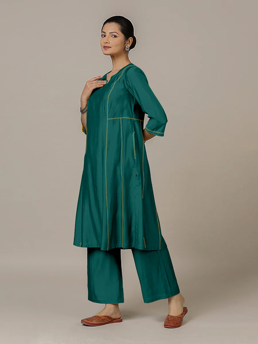 Mahi x Rozaana | A Line Kurta in Peacock Green with Thread Work | Coords or Only Kurta - Image 8