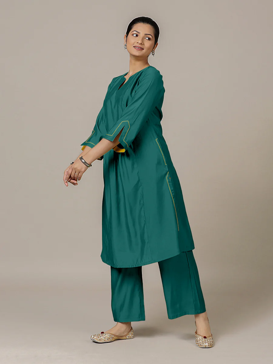 Nimrat x Rozaana | A Line Kurta in Peacock Green with Thread Work | Coords or Only Kurta