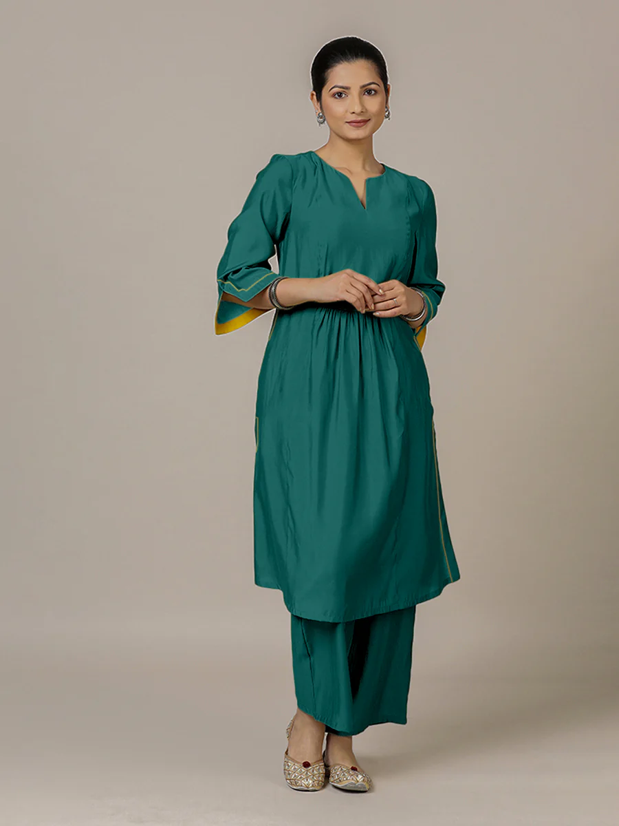 Nimrat x Rozaana | A Line Kurta in Peacock Green with Thread Work | Coords or Only Kurta - Image 7
