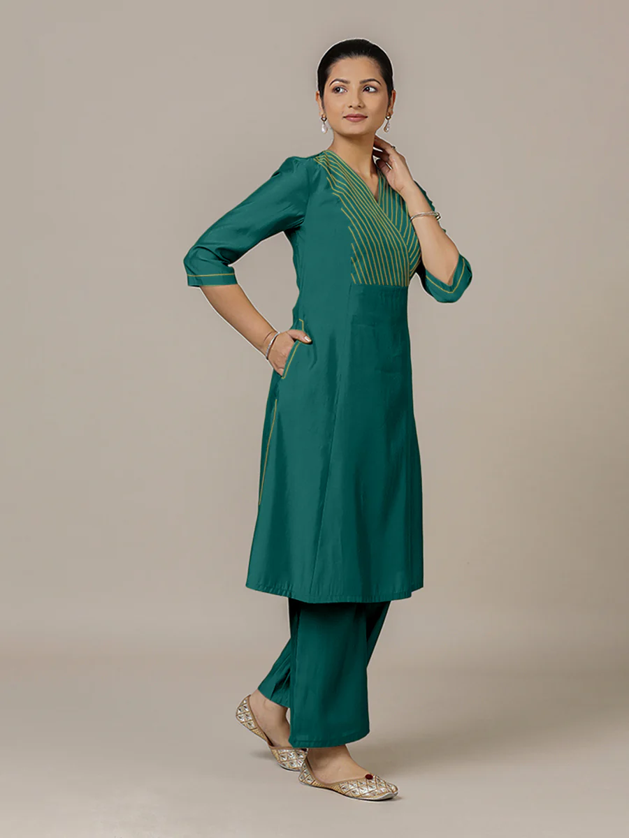 Piya x Rozaana | A Line Kurta in Peacock Green with Thread Work | Coords or Only Kurta - Image 7