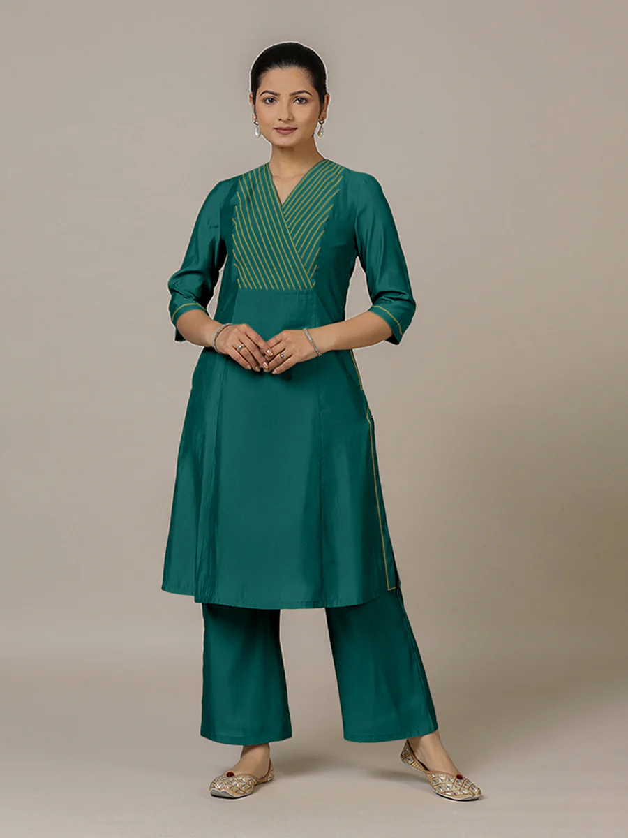 Piya x Rozaana | A Line Kurta in Peacock Green with Thread Work | Coords or Only Kurta - Image 9
