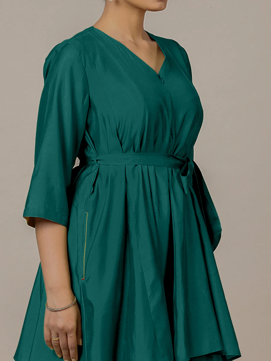 Tuhi x Rozaana | A Line Kurta in Peacock Green with Thread Work | Coords or Only Kurta - Image 3
