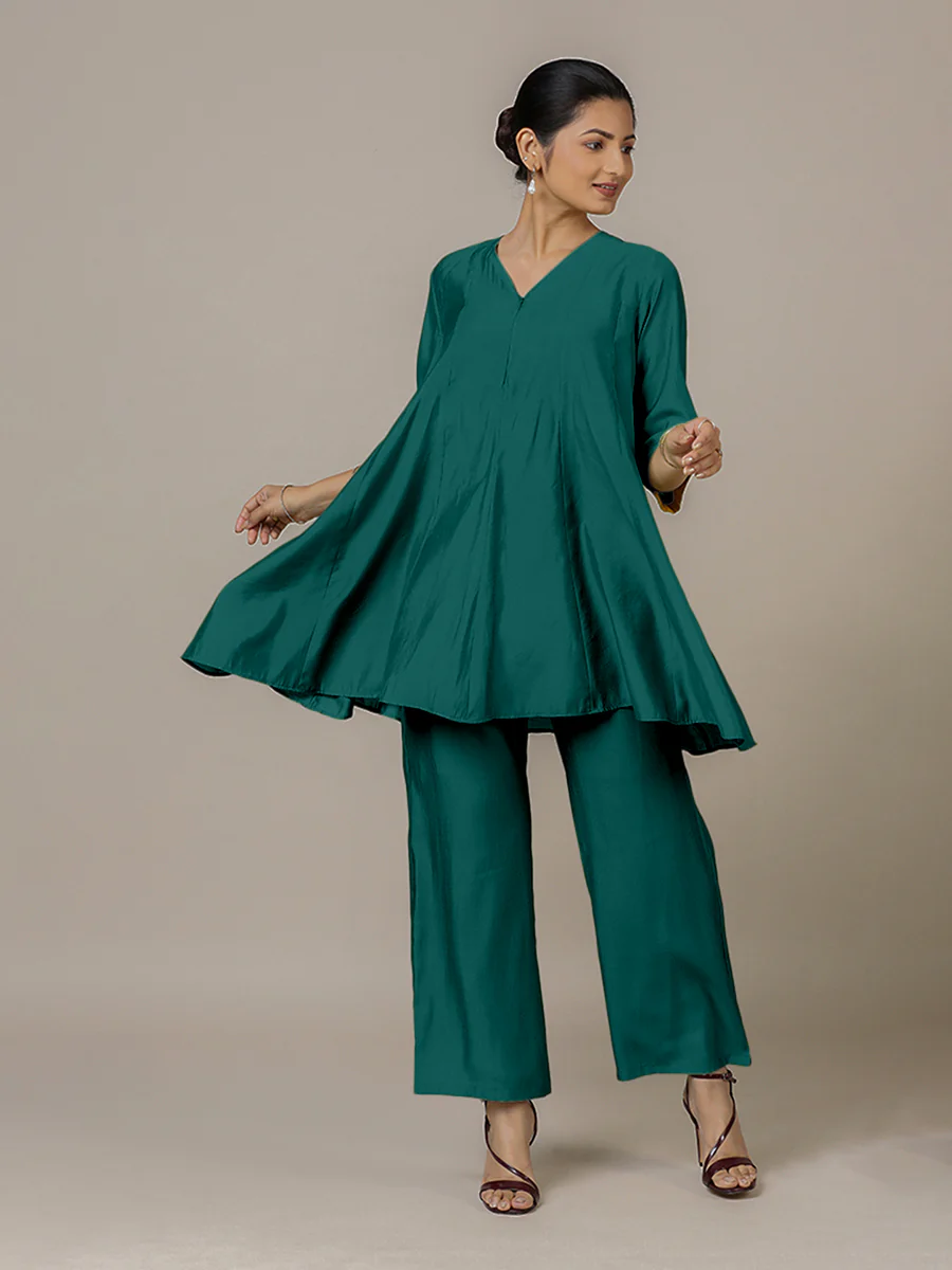 Tuhi x Rozaana | A Line Kurta in Peacock Green with Thread Work | Coords or Only Kurta - Image 9