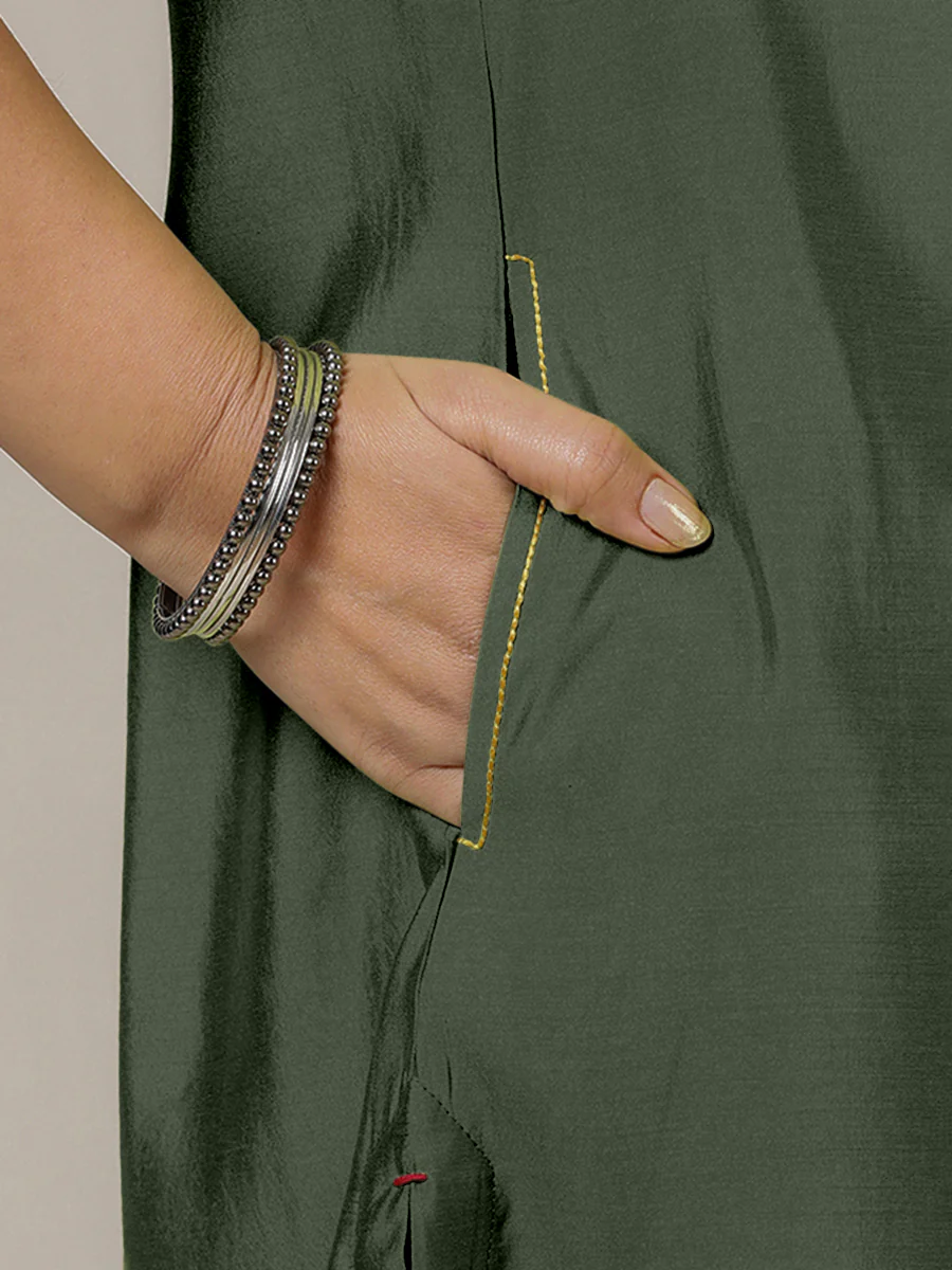 Amal x Rozaana | A Line Kurta in Pine Green with Thread Work | Coords or Only Kurta - Image 4