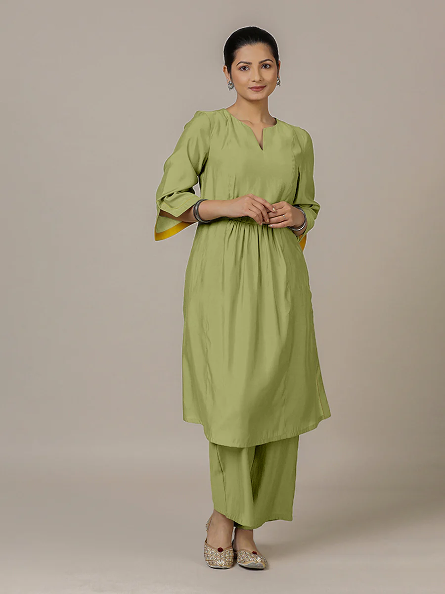 Nimrat x Rozaana | A Line Kurta in Pista Green with Thread Work | Coords or Only Kurta - Image 7