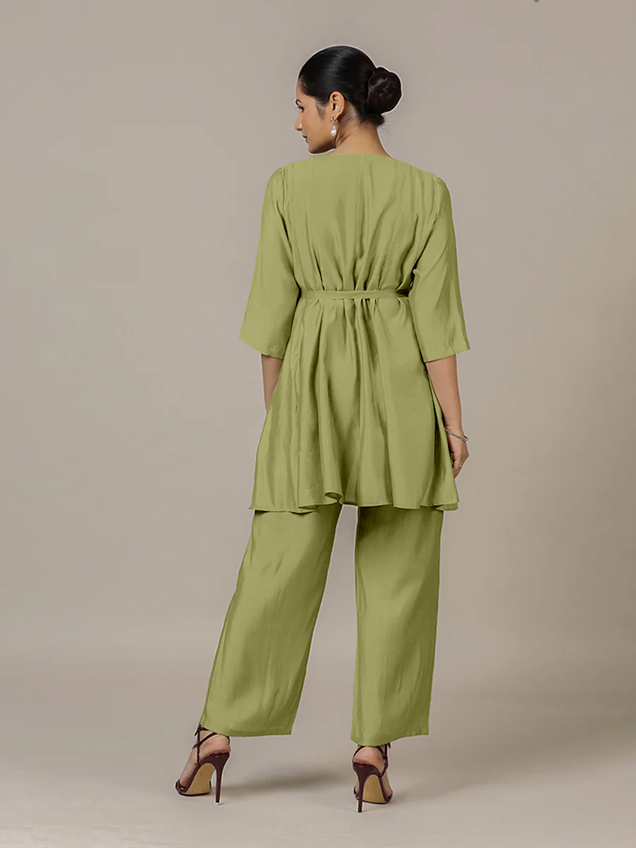 Tuhi x Rozaana | A Line Kurta in Pista Green with Thread Work | Coords or Only Kurta - Image 2