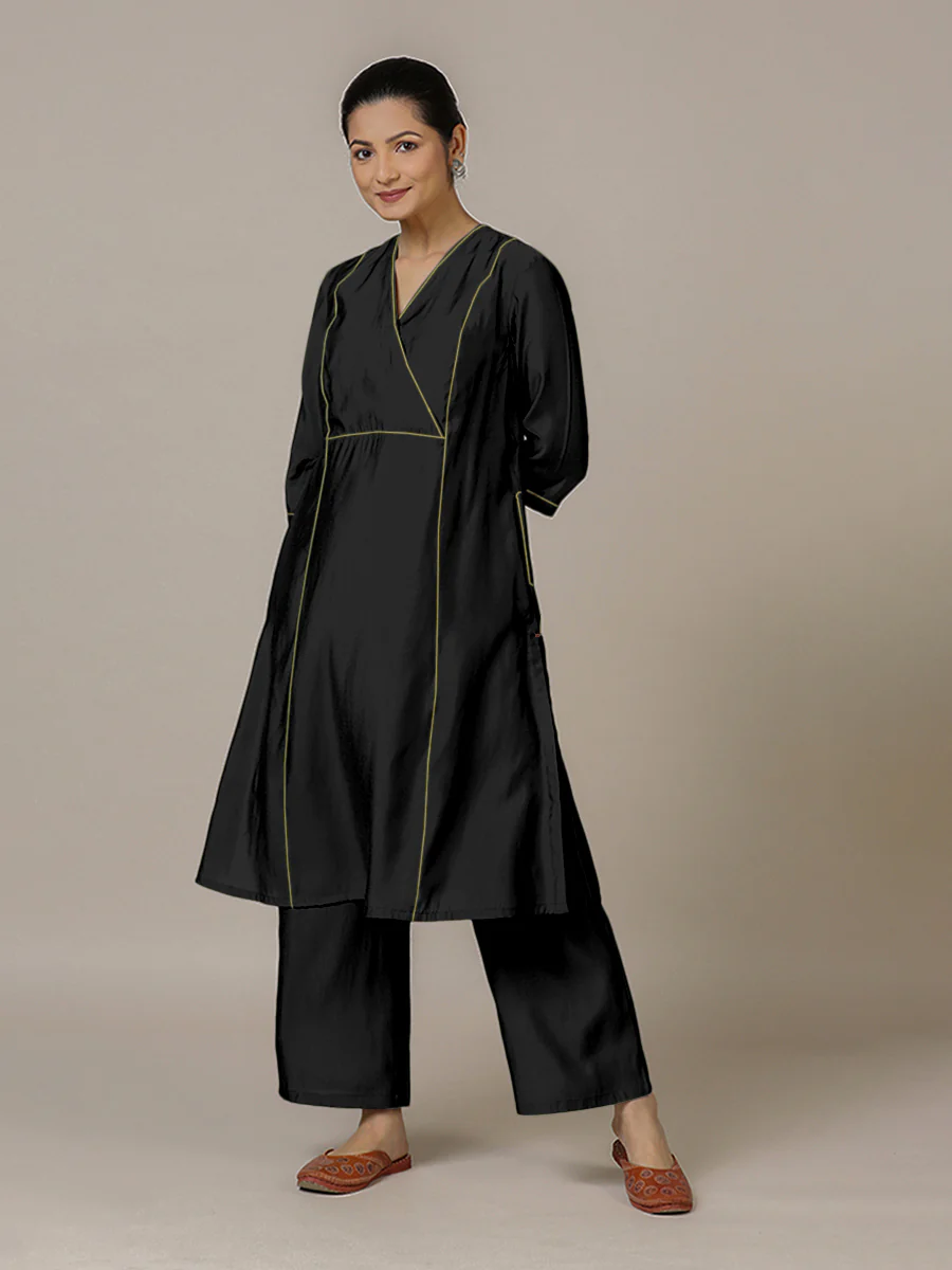 Amal x Rozaana | A Line Kurta in Raven Black with Thread Work | Coords or Only Kurta - Image 5