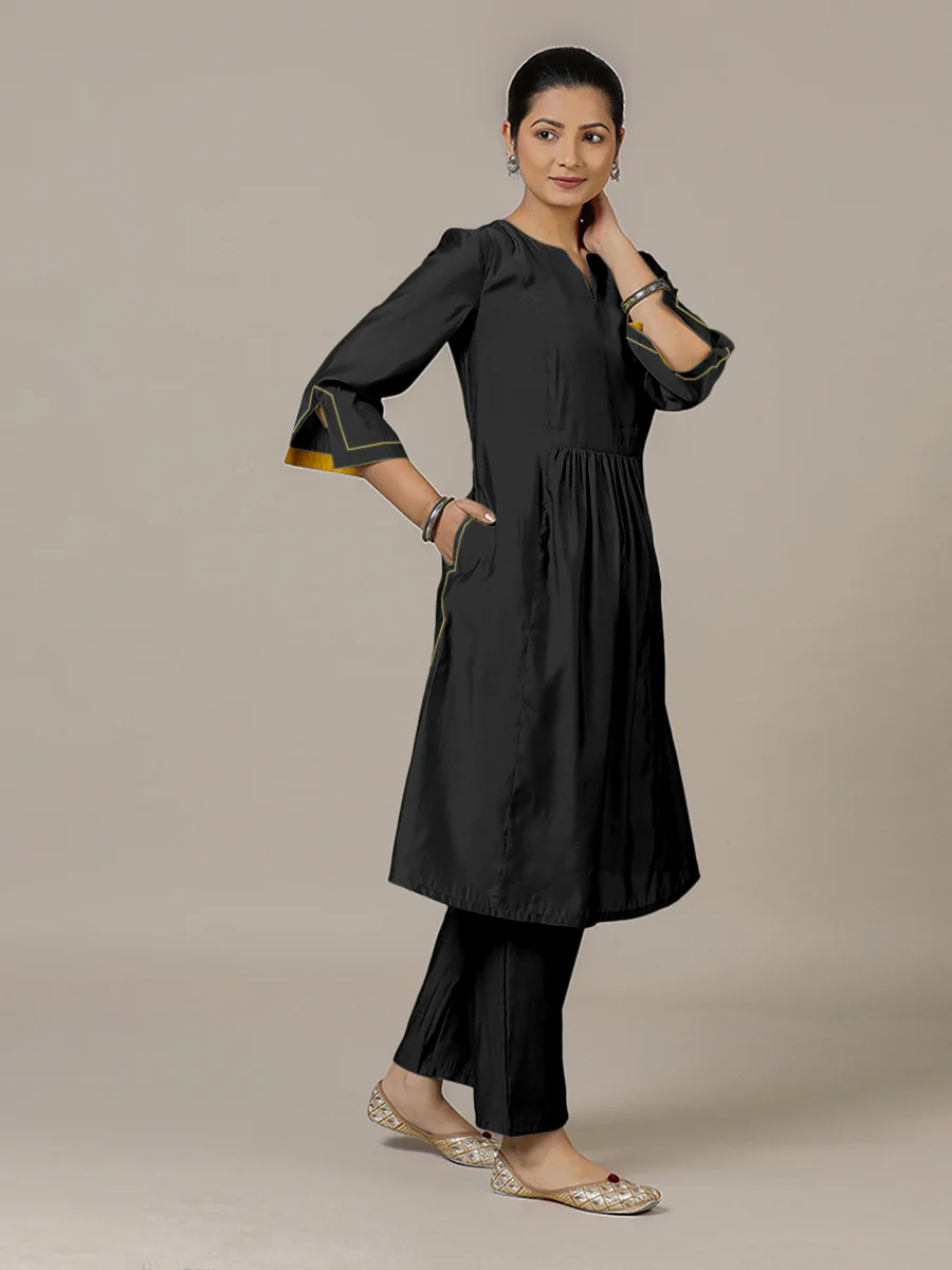 Nimrat x Rozaana | A Line Kurta in Raven Black with Thread Work | Coords or Only Kurta - Image 9