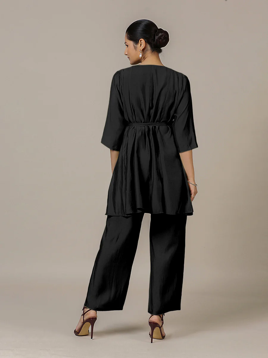 Tuhi x Rozaana | A Line Kurta in Raven Black with Thread Work | Coords or Only Kurta - Image 2