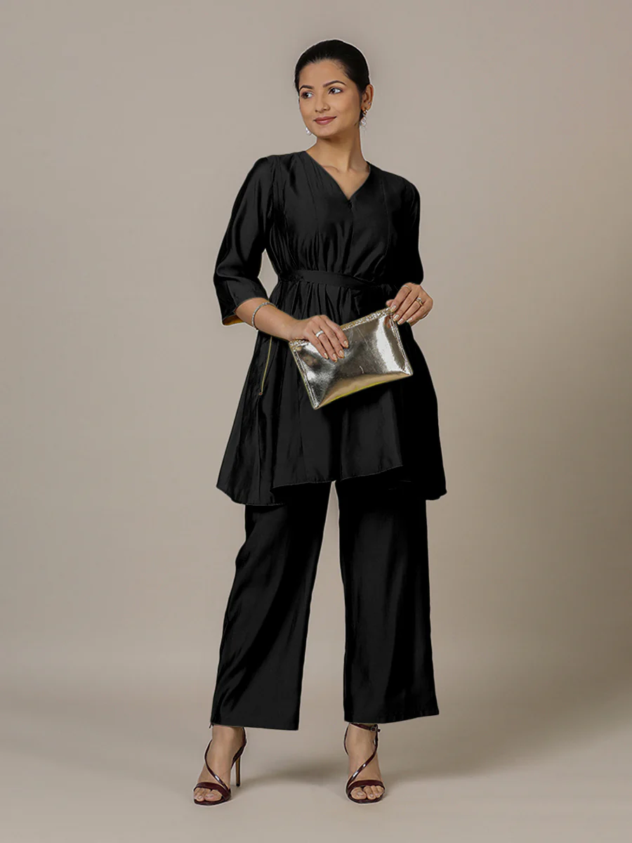 Tuhi x Rozaana | A Line Kurta in Raven Black with Thread Work | Coords or Only Kurta - Image 6
