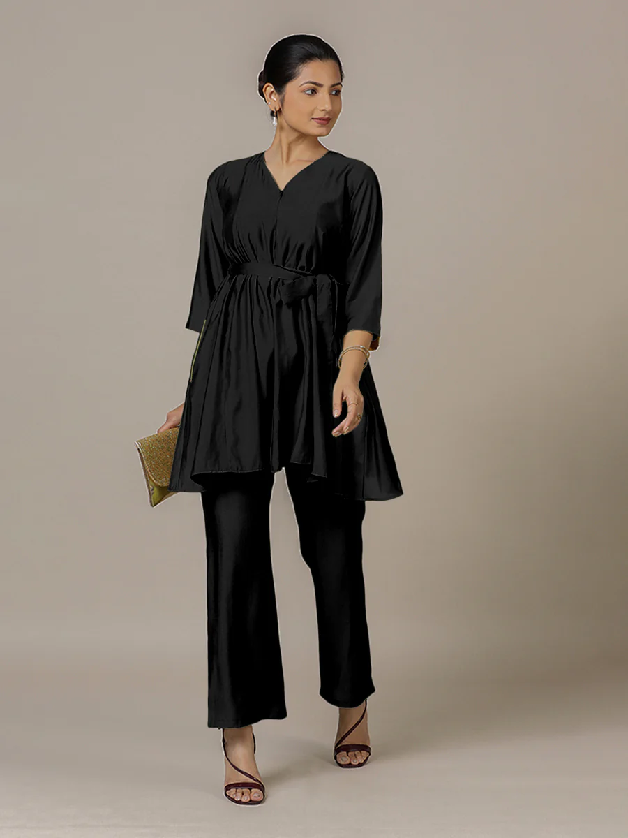 Tuhi x Rozaana | A Line Kurta in Raven Black with Thread Work | Coords or Only Kurta - Image 7