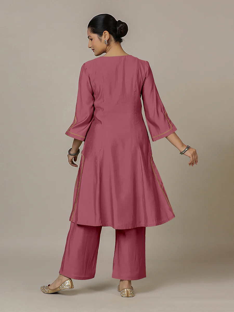 Nimrat x Rozaana | A Line Kurta in Rose Pink with Thread Work | Coords or Only Kurta - Image 2