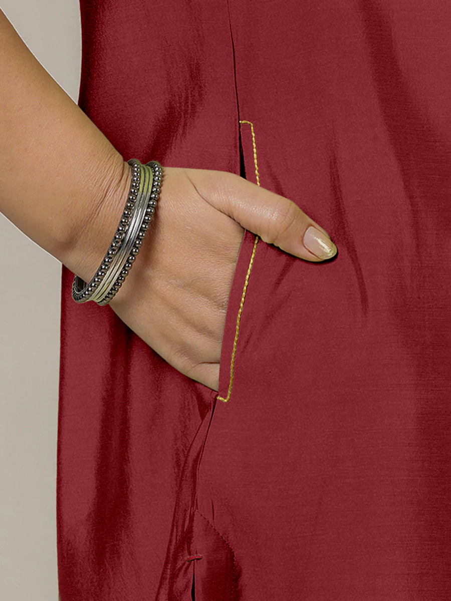 Amal x Rozaana | A Line Kurta in Scarlet Red with Thread Work | Coords or Only Kurta - Image 4