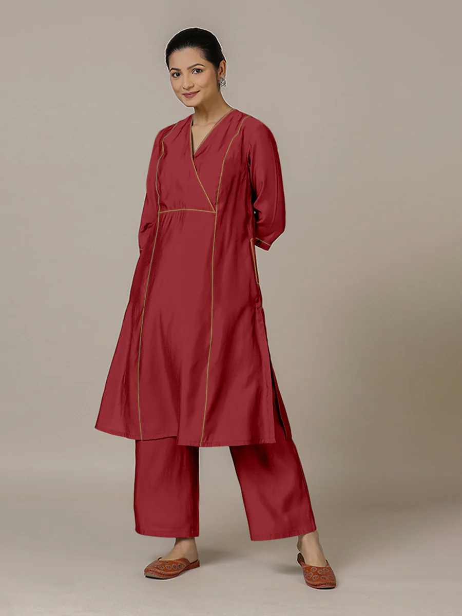 Amal x Rozaana | A Line Kurta in Scarlet Red with Thread Work | Coords or Only Kurta - Image 6