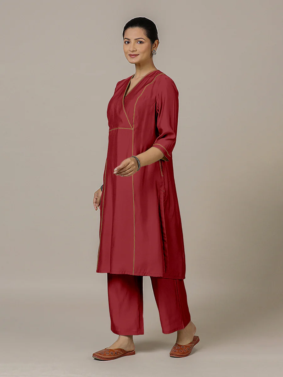 Amal x Rozaana | A Line Kurta in Scarlet Red with Thread Work | Coords or Only Kurta - Image 7
