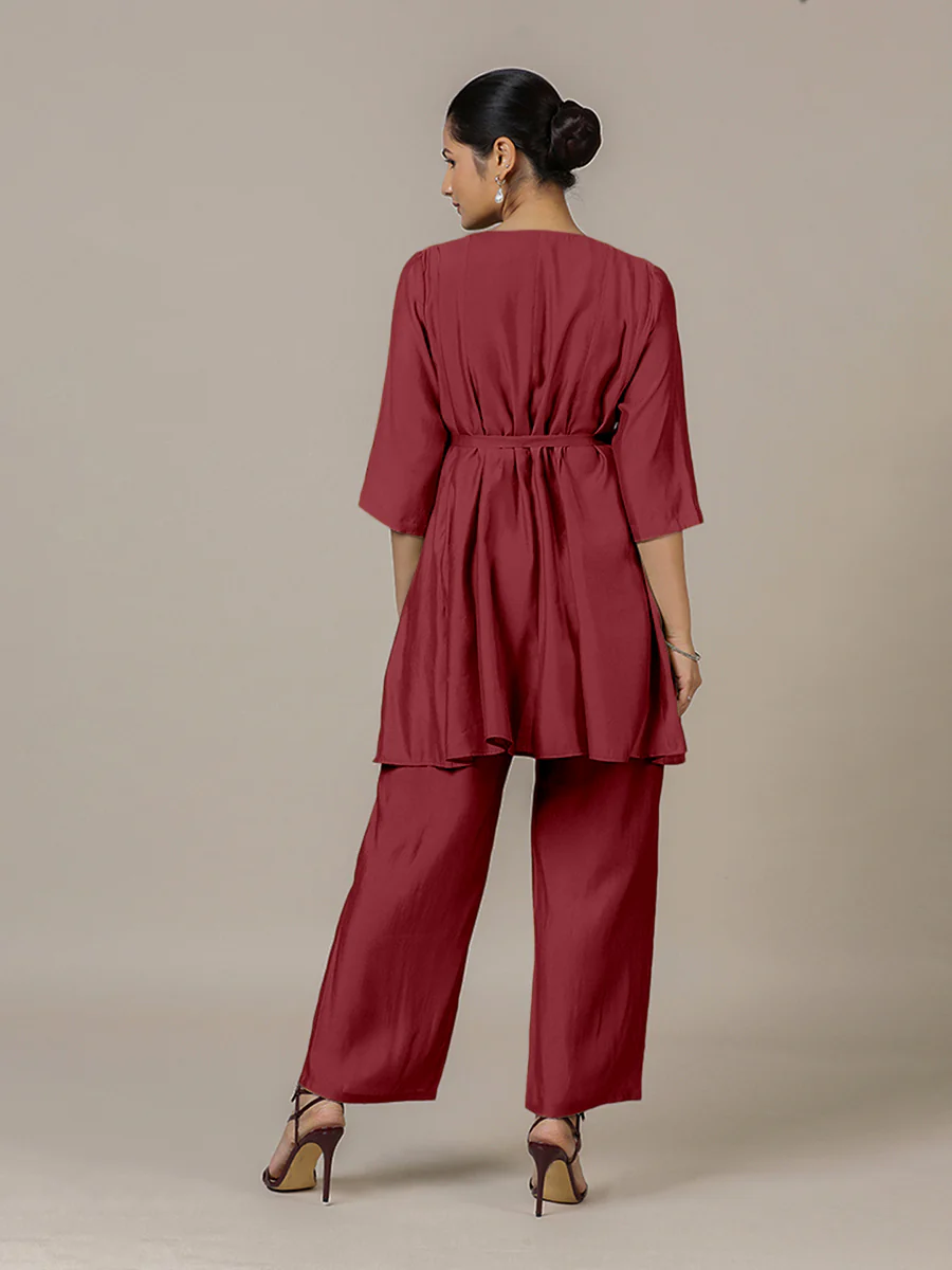 Tuhi x Rozaana | A Line Kurta in Scarlet Red with Thread Work | Coords or Only Kurta - Image 2