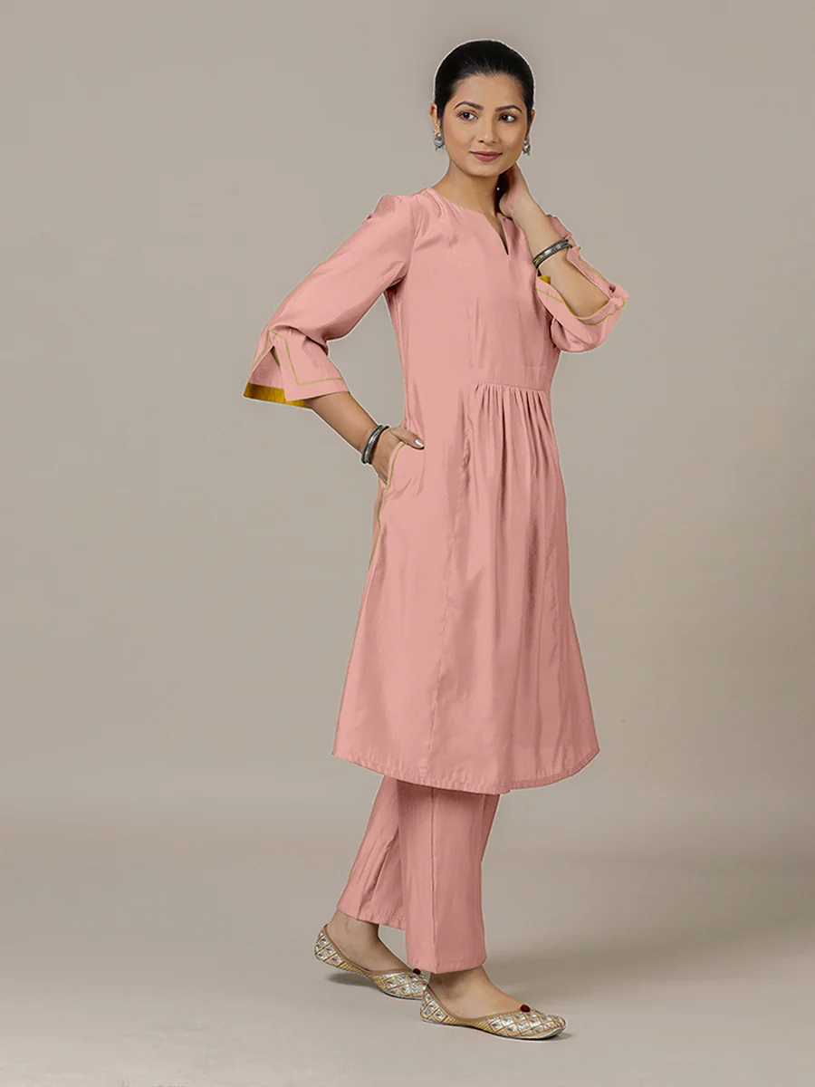 Nimrat x Rozaana | A Line Kurta in Sea Pink with Thread Work | Coords or Only Kurta - Image 9