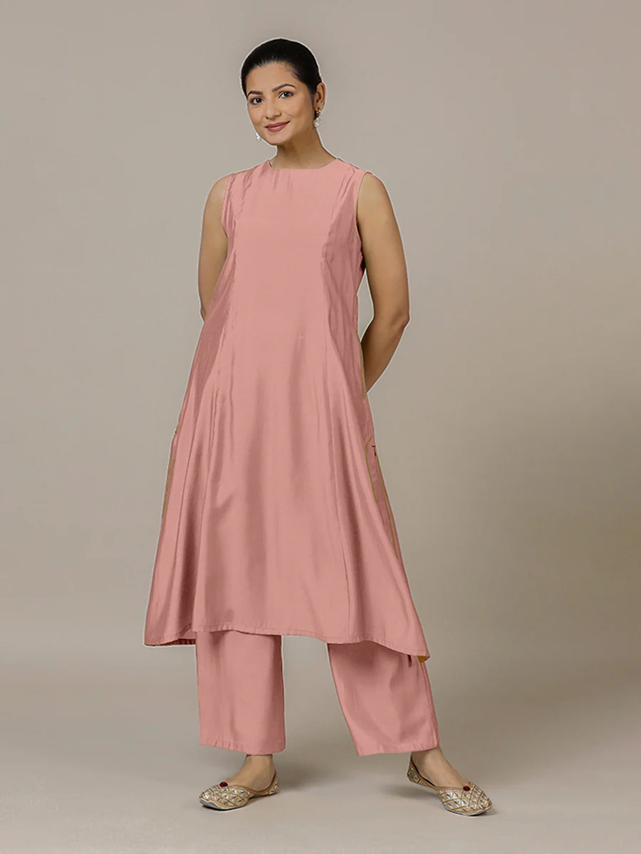 Sameera x Rozaana | A Line Kurta in Sea Pink with Thread Work | Coords or Only Kurta - Image 6