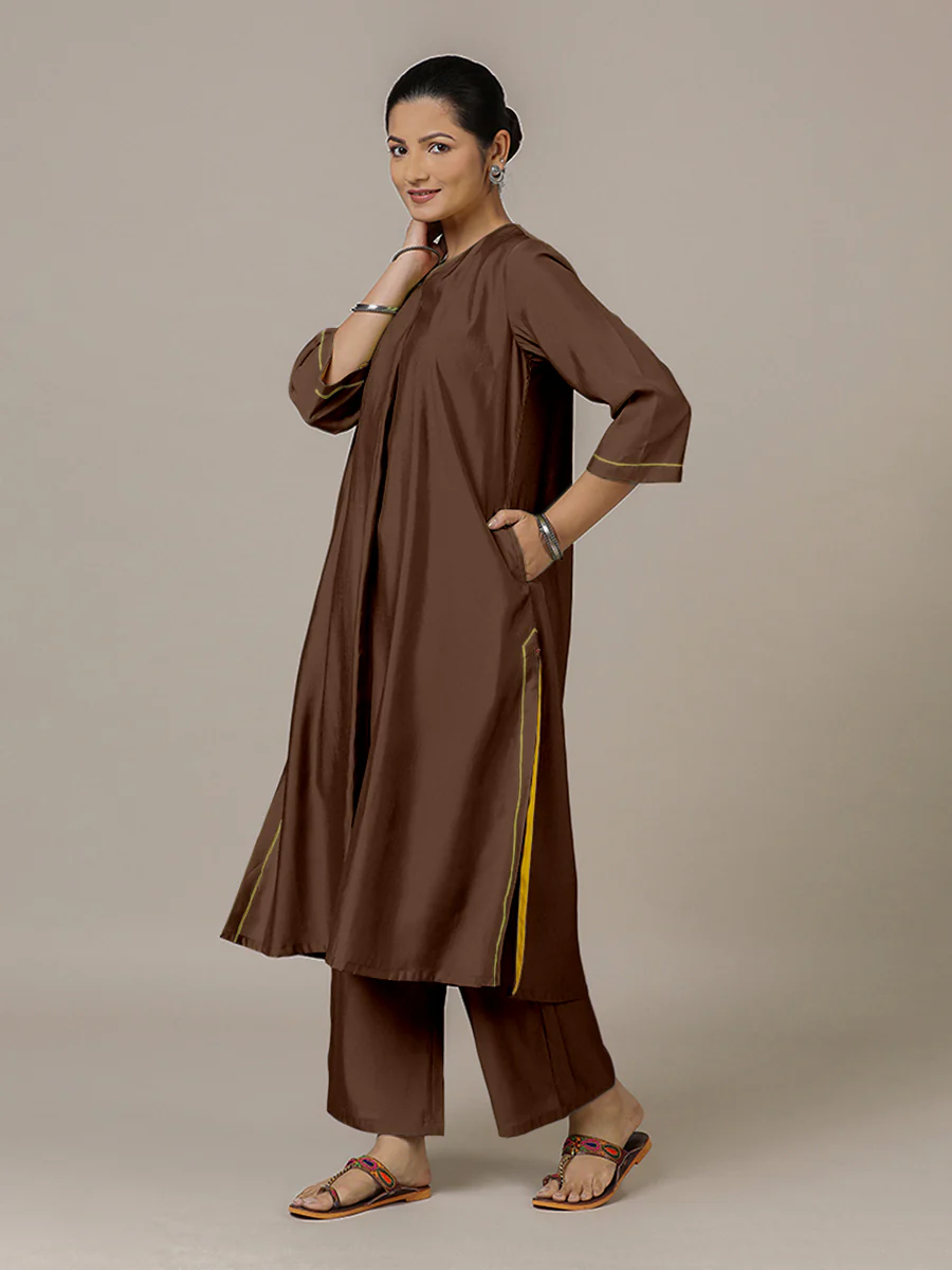 Alisha x Rozaana | A Line Kurta in Walnut Brown with Thread Work | Coords or Only Kurta - Image 8