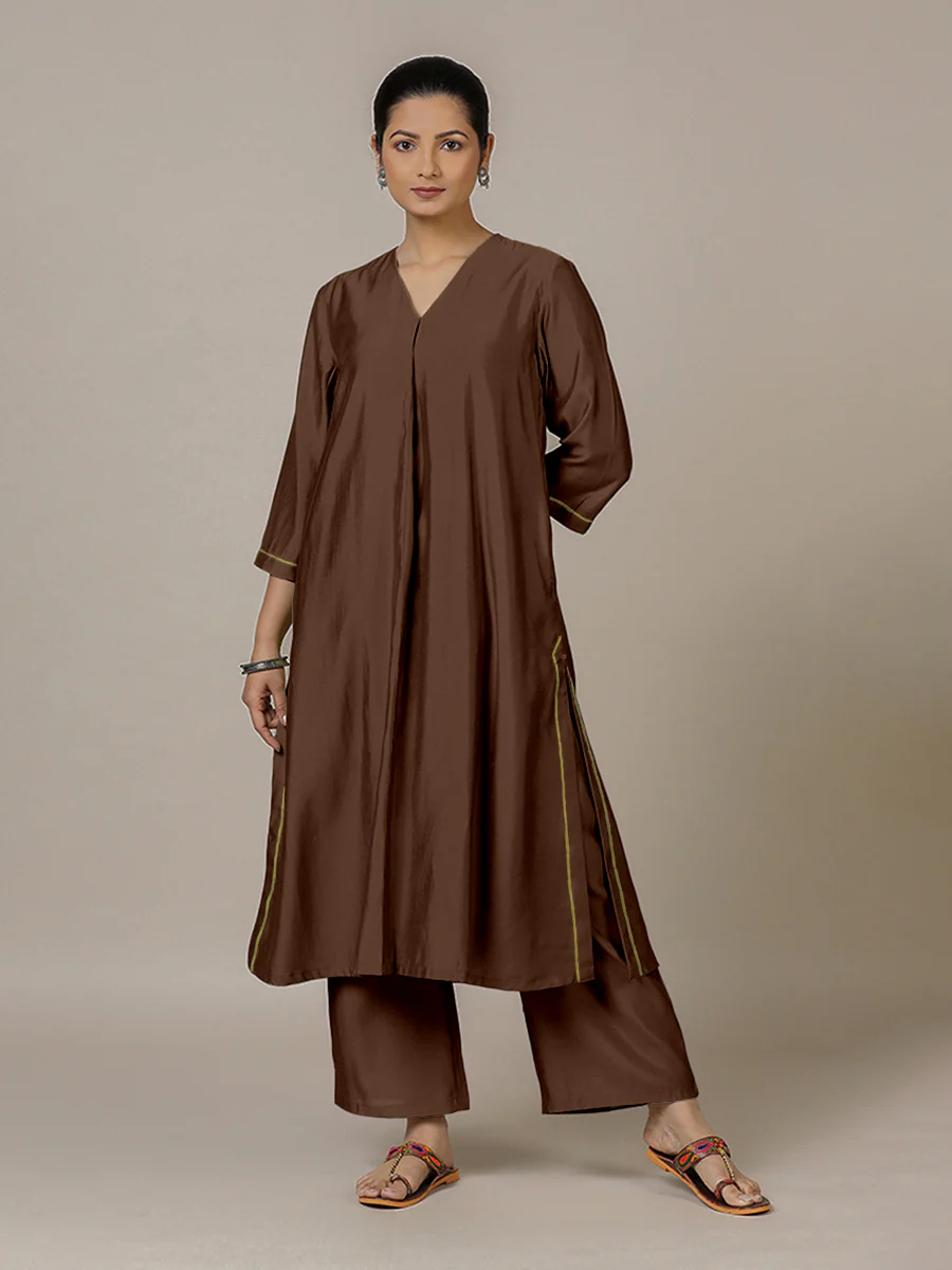 Alisha x Rozaana | A Line Kurta in Walnut Brown with Thread Work | Coords or Only Kurta - Image 9
