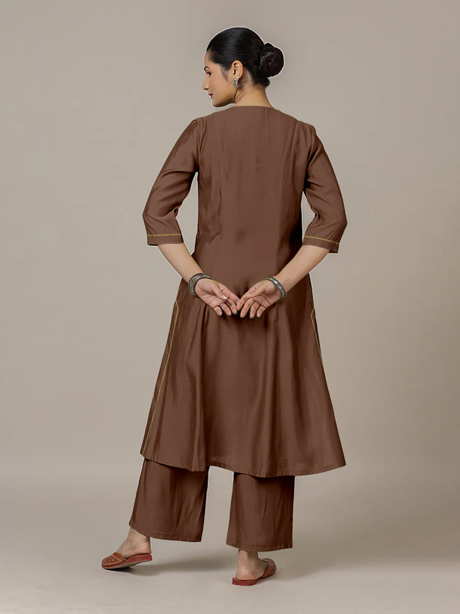 Mahek x Rozaana | A Line Kurta in Walnut Brown with Thread Work | Coords or Only Kurta - Image 2