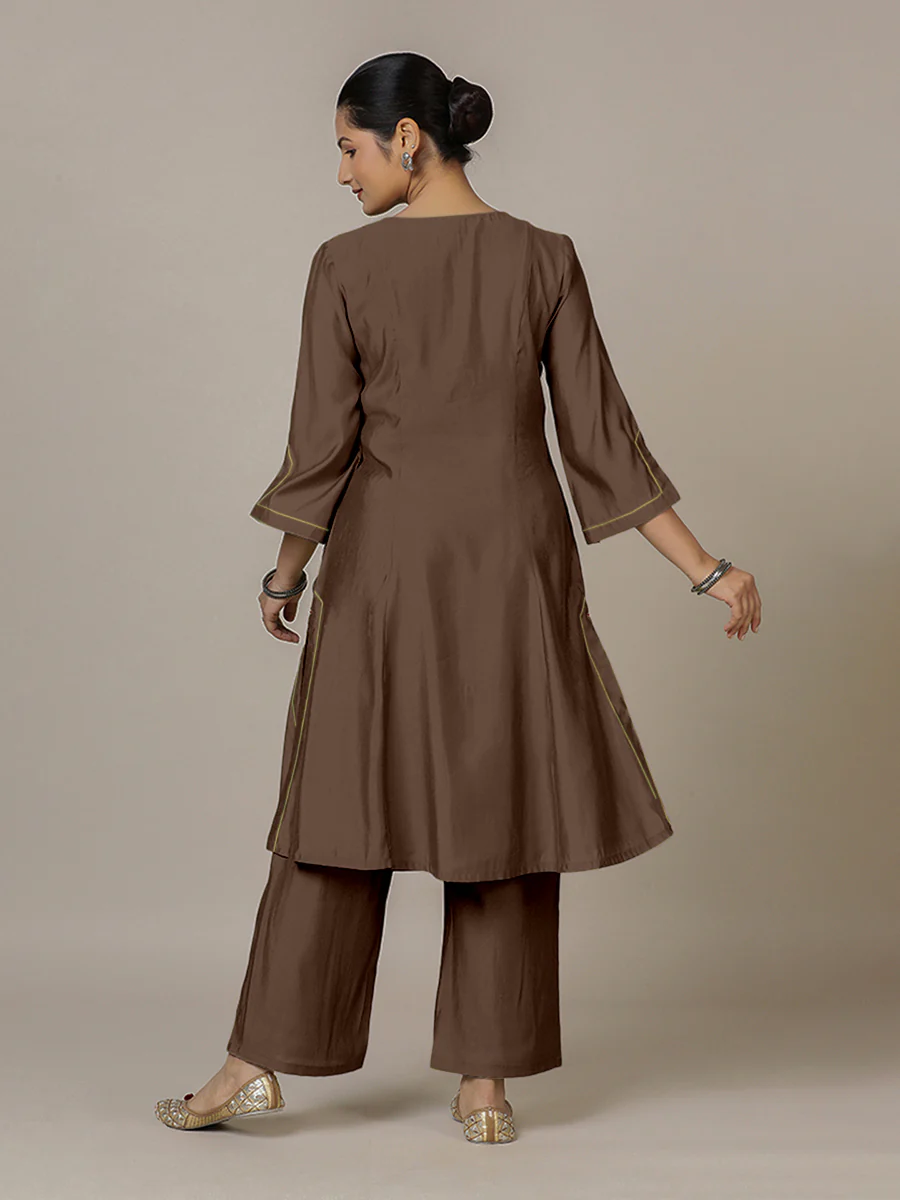 Nimrat x Rozaana | A Line Kurta in Walnut Brown with Thread Work | Coords or Only Kurta - Image 2