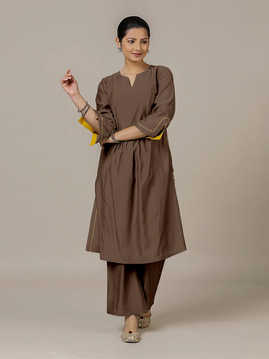 Nimrat x Rozaana | A Line Kurta in Walnut Brown with Thread Work | Coords or Only Kurta - Image 6