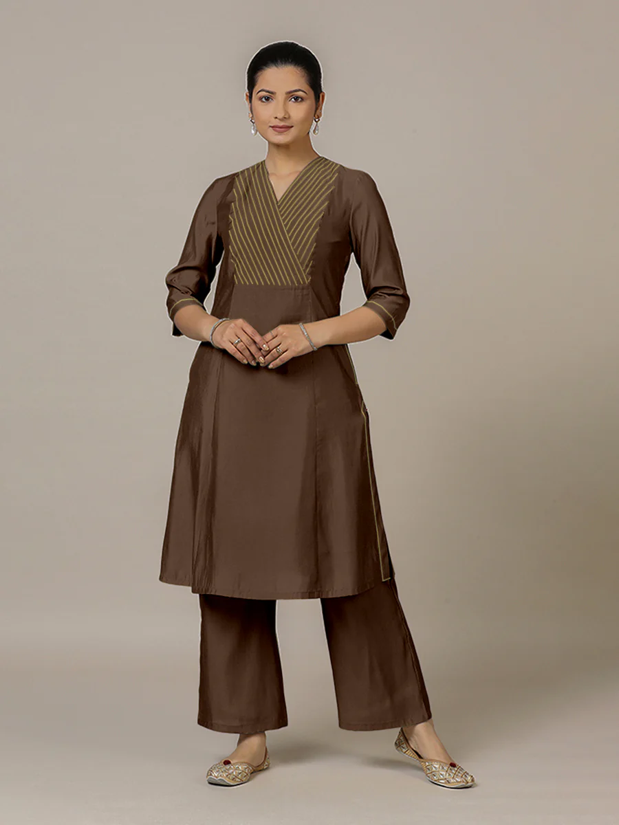 Piya x Rozaana | A Line Kurta in Walnut Brown with Thread Work | Coords or Only Kurta - Image 10