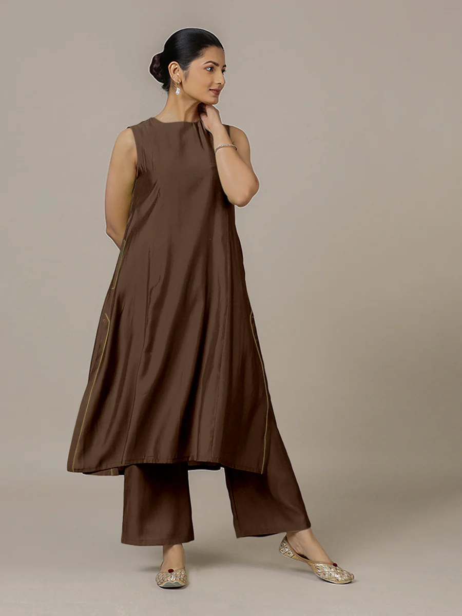 Sameera x Rozaana | A Line Kurta in Walnut Brown with Thread Work | Coords or Only Kurta - Image 9