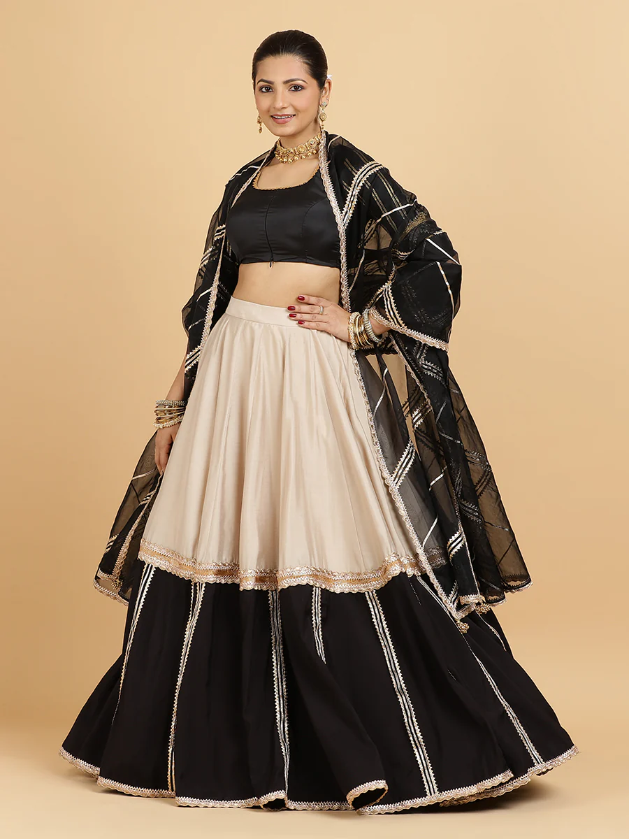 Mastani Aziza 4-Pc Lehenga Set x Tyohaar | Grey Black Colour Blocked Lehenga, Charcoal Black Blouse with Chandni Black Dupatta and Cancan Skirt - Image 4
