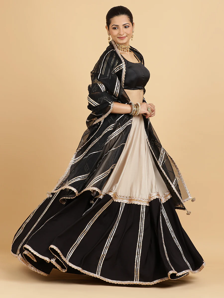 Mastani Aziza 4-Pc Lehenga Set x Tyohaar | Grey Black Colour Blocked Lehenga, Charcoal Black Blouse with Chandni Black Dupatta and Cancan Skirt - Image 6