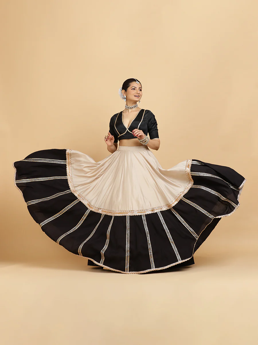 Mastani Zeenat 4-Pc Lehenga Set x Tyohaar | Grey Black Colour Blocked Lehenga, Charcoal Black Blouse with Sunheri Gold Dupatta and Cancan Skirt - Image 11