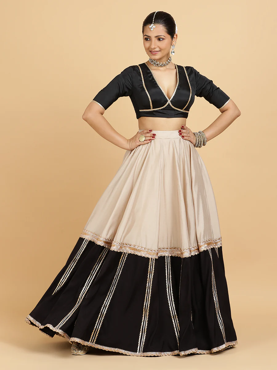 Mastani Zeenat 4-Pc Lehenga Set x Tyohaar | Grey Black Colour Blocked Lehenga, Charcoal Black Blouse with Sunheri Gold Dupatta and Cancan Skirt - Image 13