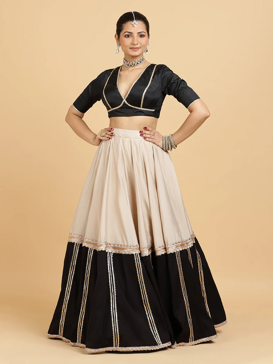 Mastani Zeenat 4-Pc Lehenga Set x Tyohaar | Grey Black Colour Blocked Lehenga, Charcoal Black Blouse with Sunheri Gold Dupatta and Cancan Skirt - Image 14