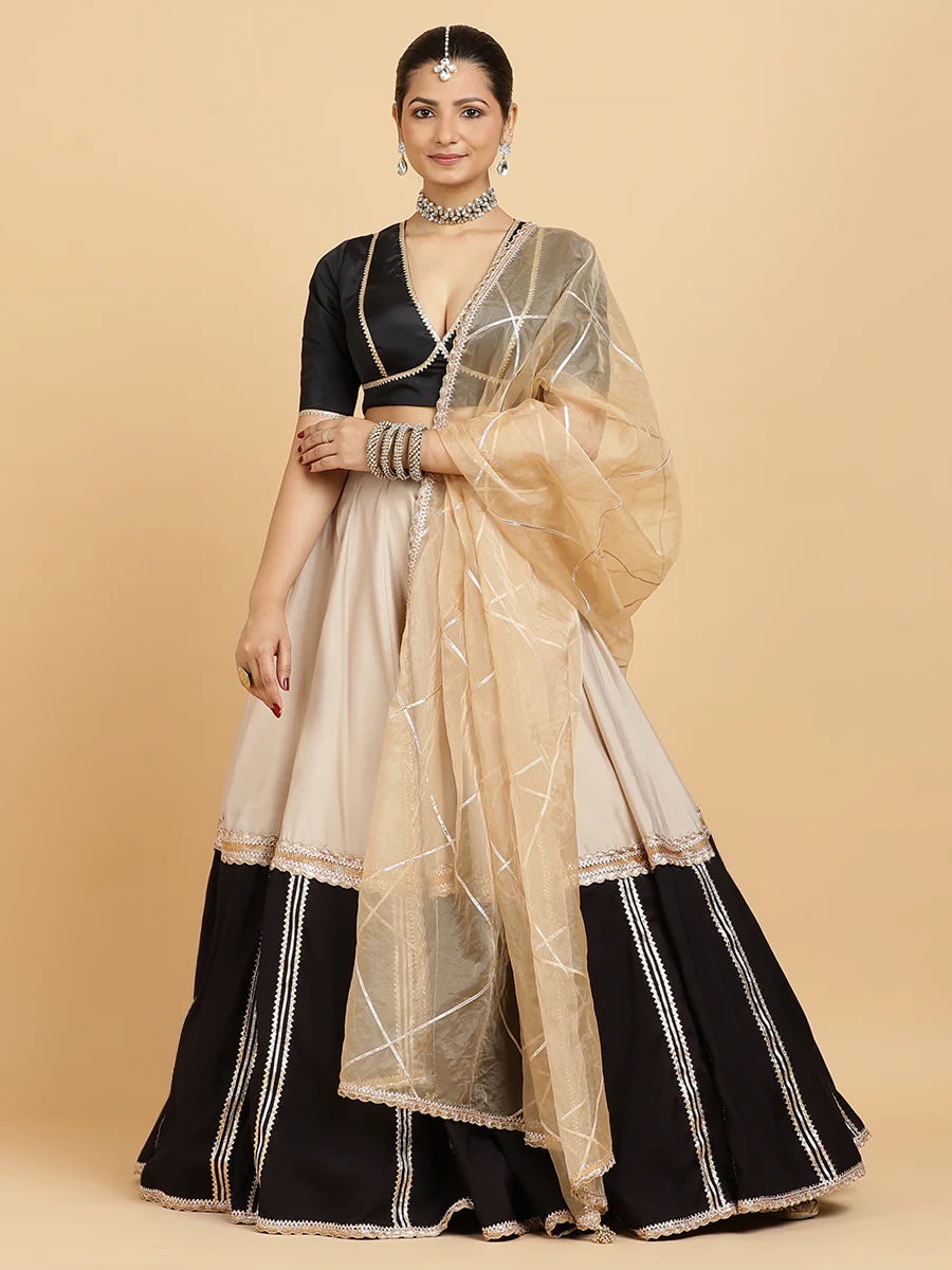 Mastani Zeenat 4-Pc Lehenga Set x Tyohaar | Grey Black Colour Blocked Lehenga, Charcoal Black Blouse with Sunheri Gold Dupatta and Cancan Skirt - Image 3