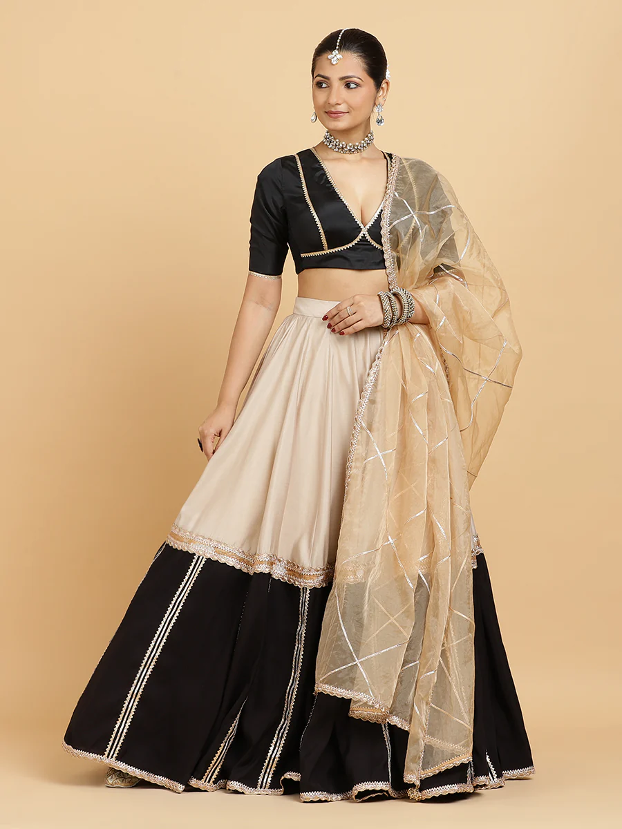 Mastani Zeenat 4-Pc Lehenga Set x Tyohaar | Grey Black Colour Blocked Lehenga, Charcoal Black Blouse with Sunheri Gold Dupatta and Cancan Skirt - Image 4