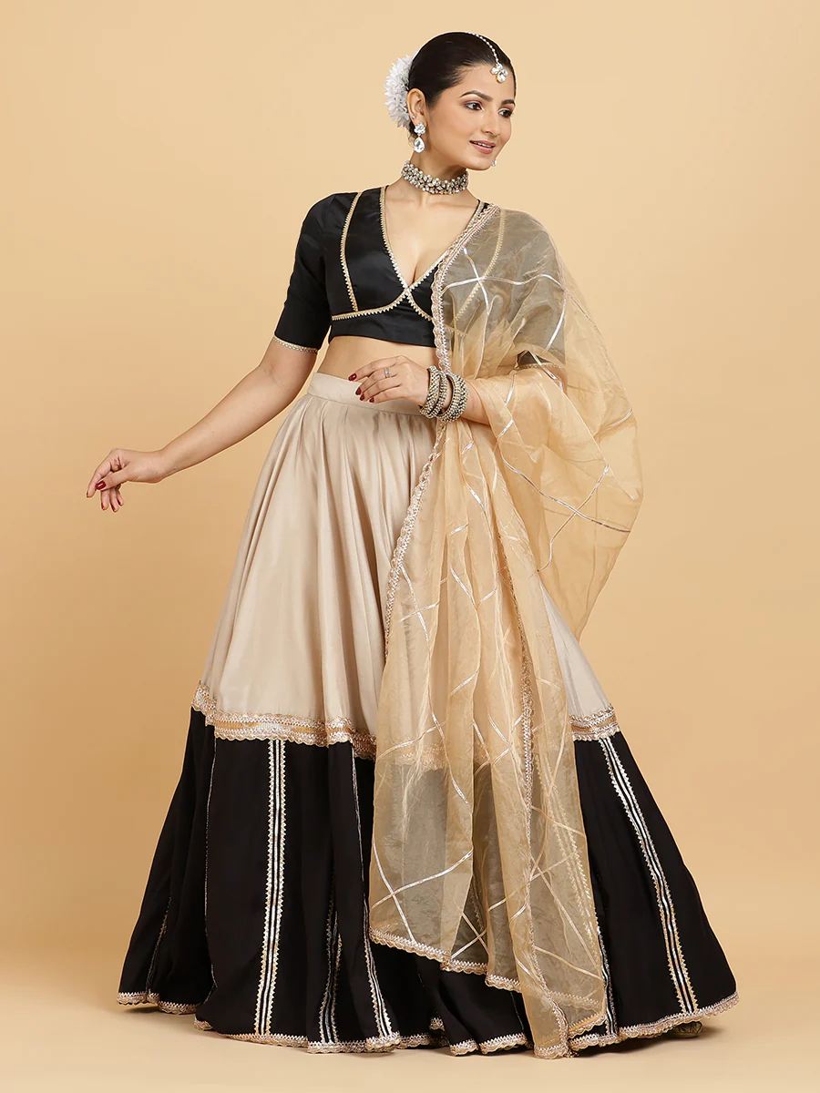 Mastani Zeenat 4-Pc Lehenga Set x Tyohaar | Grey Black Colour Blocked Lehenga, Charcoal Black Blouse with Sunheri Gold Dupatta and Cancan Skirt - Image 5