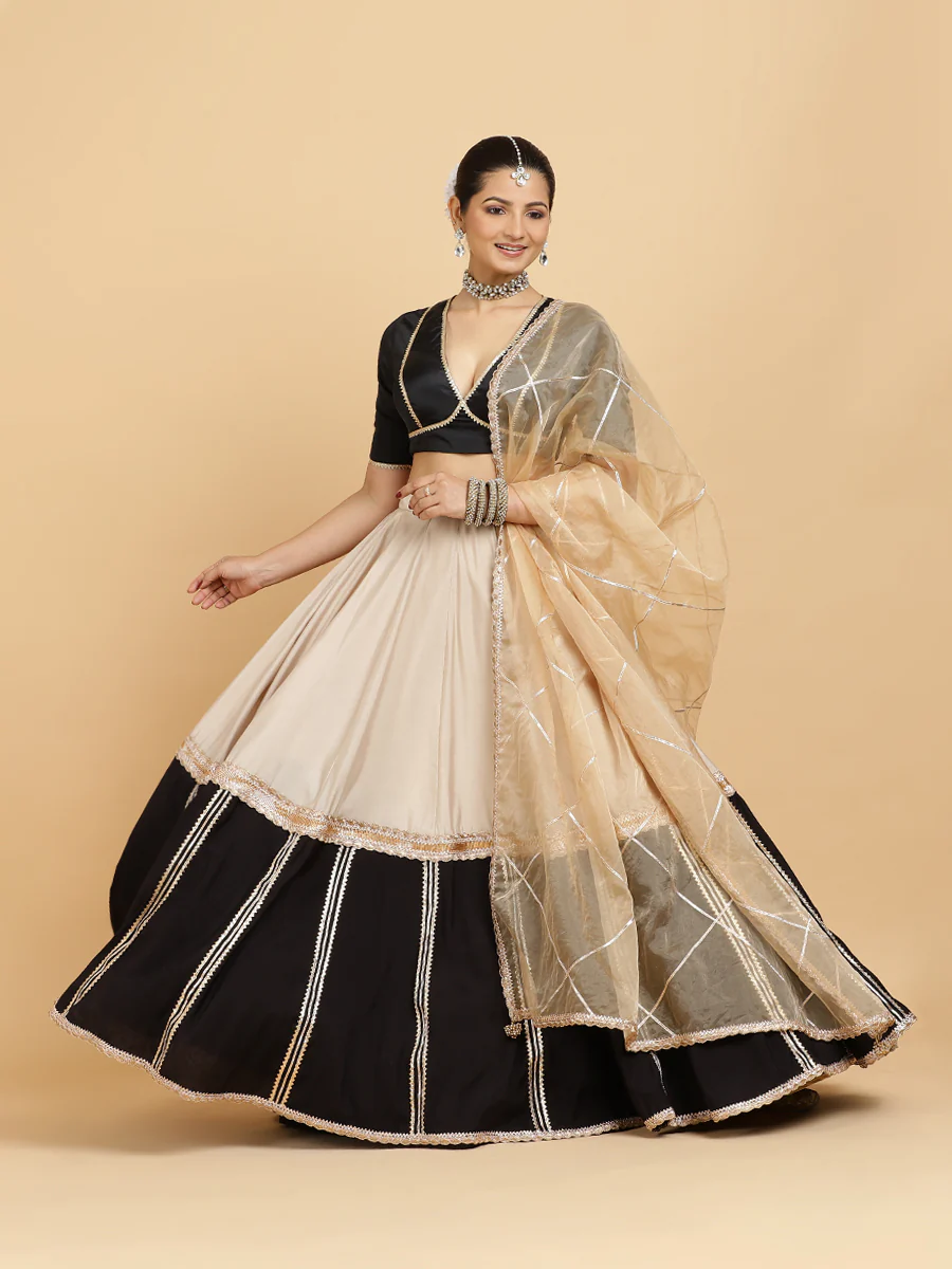 Mastani Zeenat 4-Pc Lehenga Set x Tyohaar | Grey Black Colour Blocked Lehenga, Charcoal Black Blouse with Sunheri Gold Dupatta and Cancan Skirt - Image 6