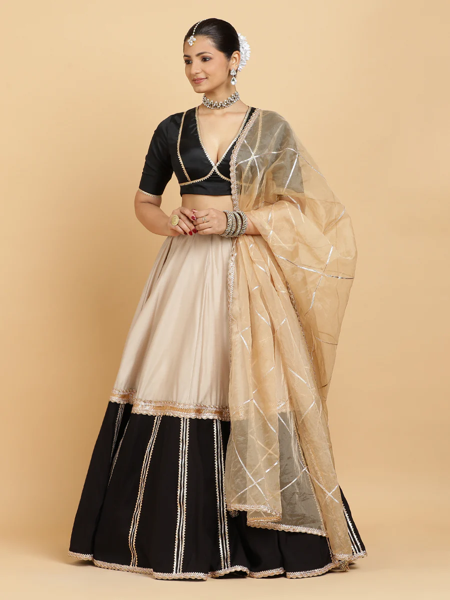 Mastani Zeenat 4-Pc Lehenga Set x Tyohaar | Grey Black Colour Blocked Lehenga, Charcoal Black Blouse with Sunheri Gold Dupatta and Cancan Skirt - Image 7