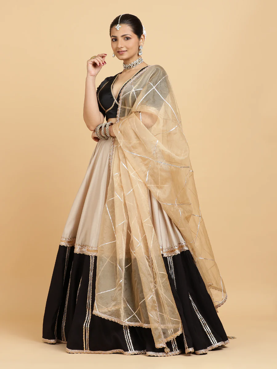 Mastani Zeenat 4-Pc Lehenga Set x Tyohaar | Grey Black Colour Blocked Lehenga, Charcoal Black Blouse with Sunheri Gold Dupatta and Cancan Skirt - Image 8