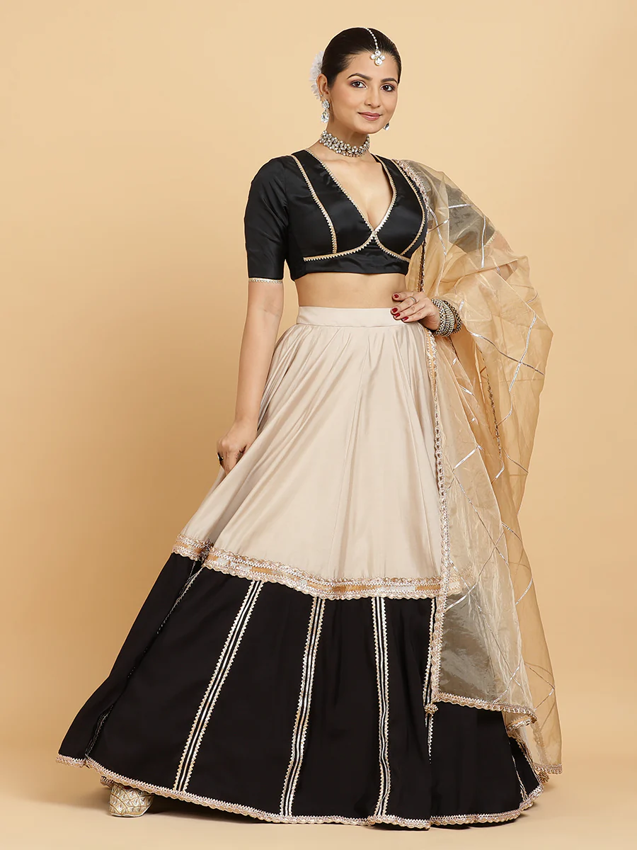 Mastani Zeenat 4-Pc Lehenga Set x Tyohaar | Grey Black Colour Blocked Lehenga, Charcoal Black Blouse with Sunheri Gold Dupatta and Cancan Skirt - Image 9