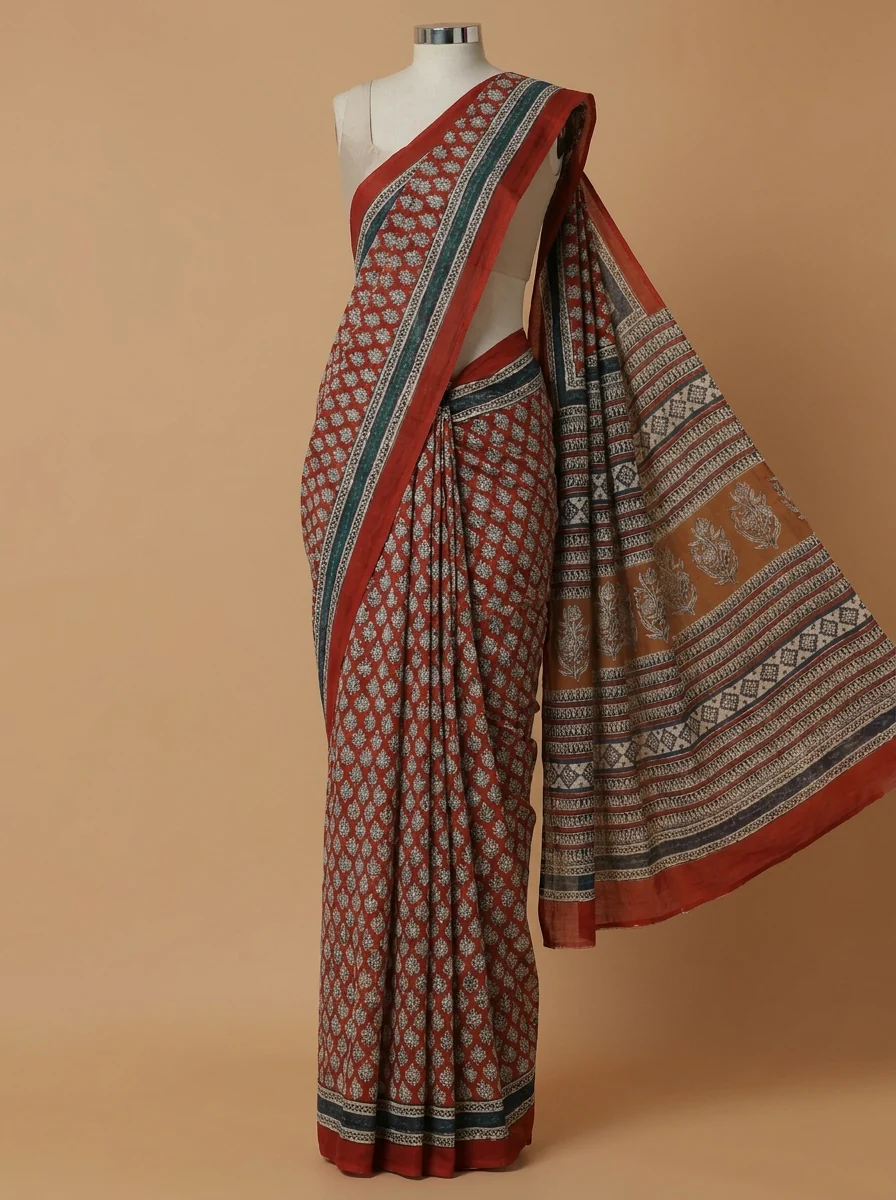Hand Block Bagru Print Red Cotton Mulmul Saree - Image 3