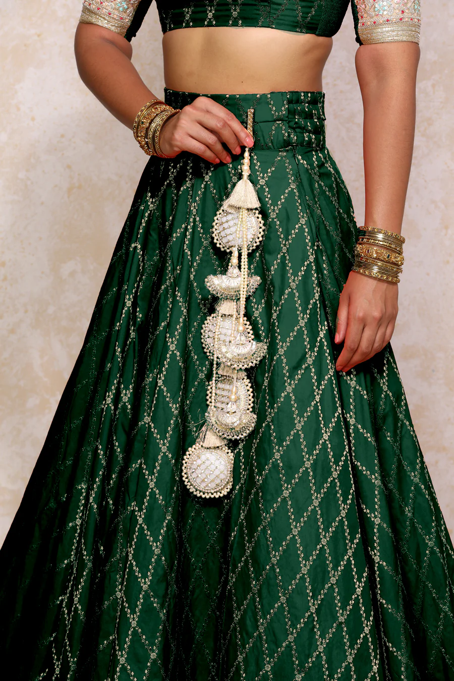 Hoor x Tyohaar | Dark Green Vine Mesh Brocade FlareFit™ Lehenga Set with Dupatta - Image 6