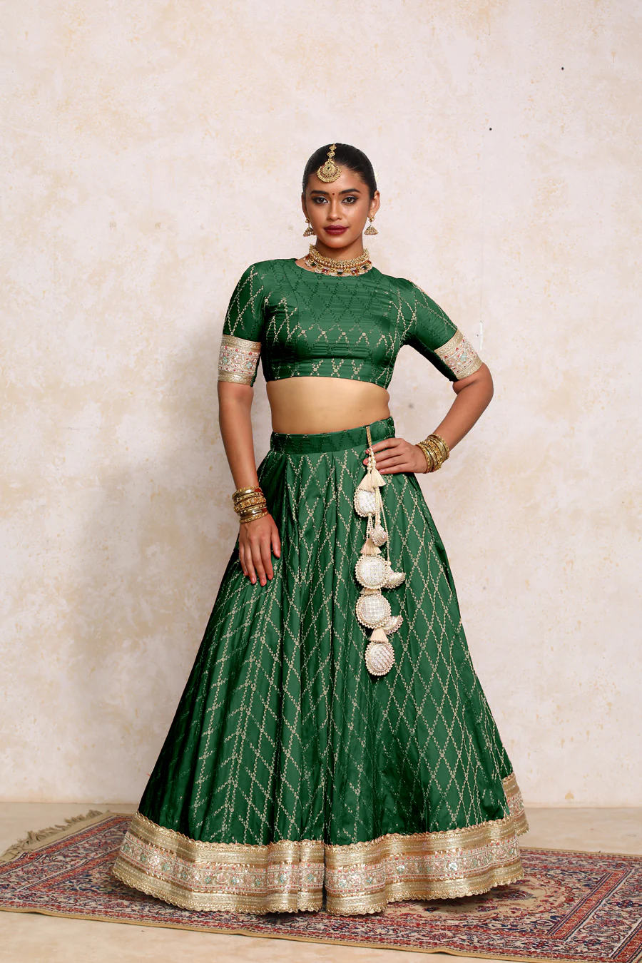 Hoor x Tyohaar | Emerald Green Vine Mesh Brocade FlareFit™ Lehenga Set with Dupatta - Image 12