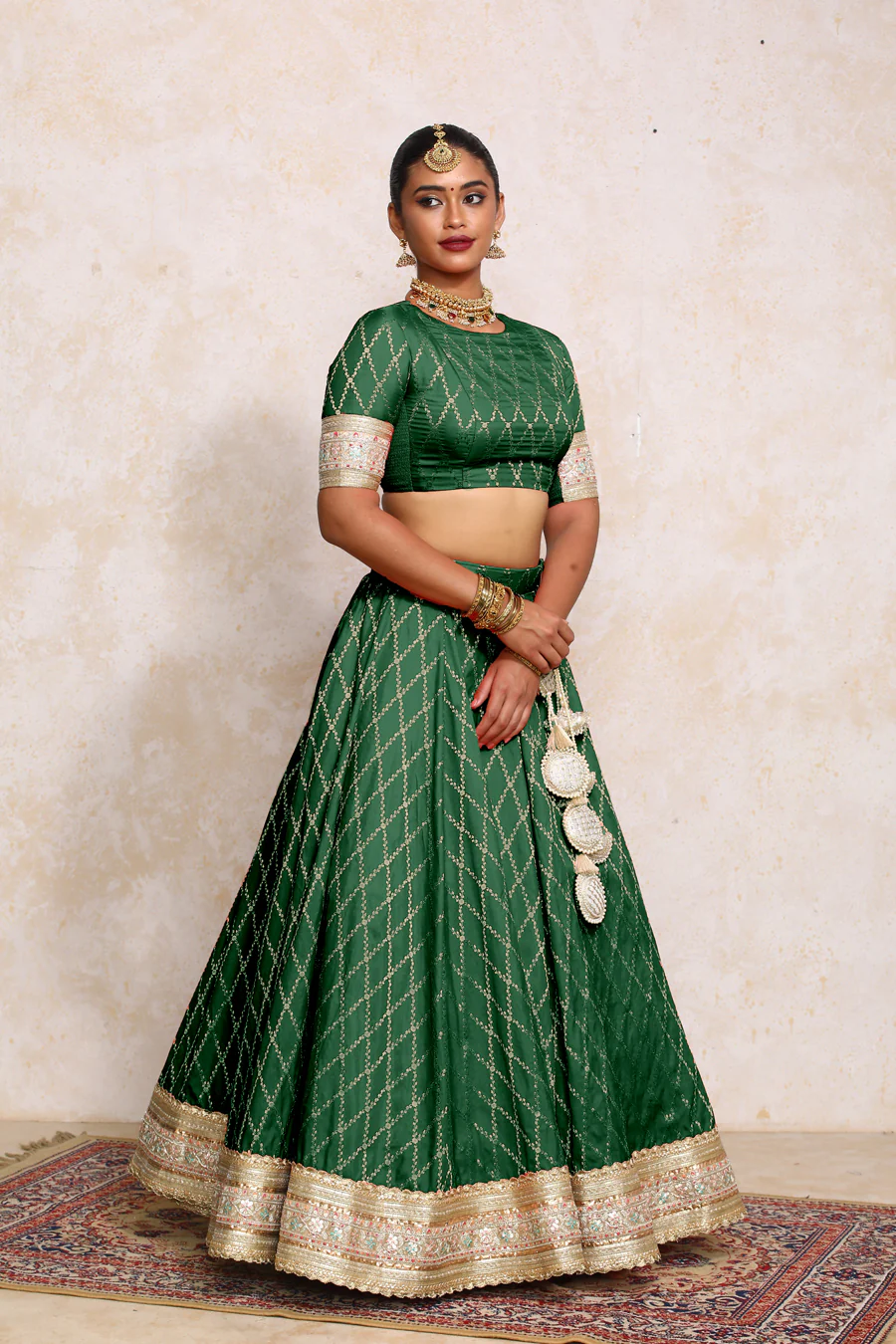 Hoor x Tyohaar | Emerald Green Vine Mesh Brocade FlareFit™ Lehenga Set with Dupatta - Image 8