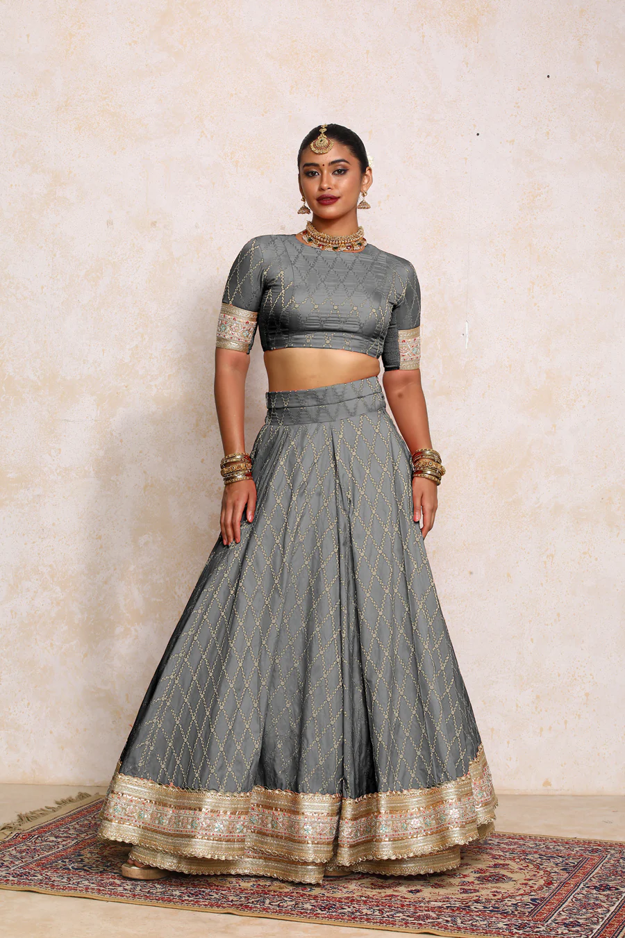 Hoor x Tyohaar | Gilded Grey Vine Mesh Brocade FlareFit™ Lehenga Set with Dupatta - Image 9