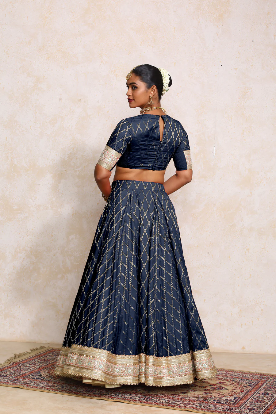 Hoor x Tyohaar | Royal Navy Vine Mesh Brocade FlareFit™ Lehenga Set with Dupatta - Image 2