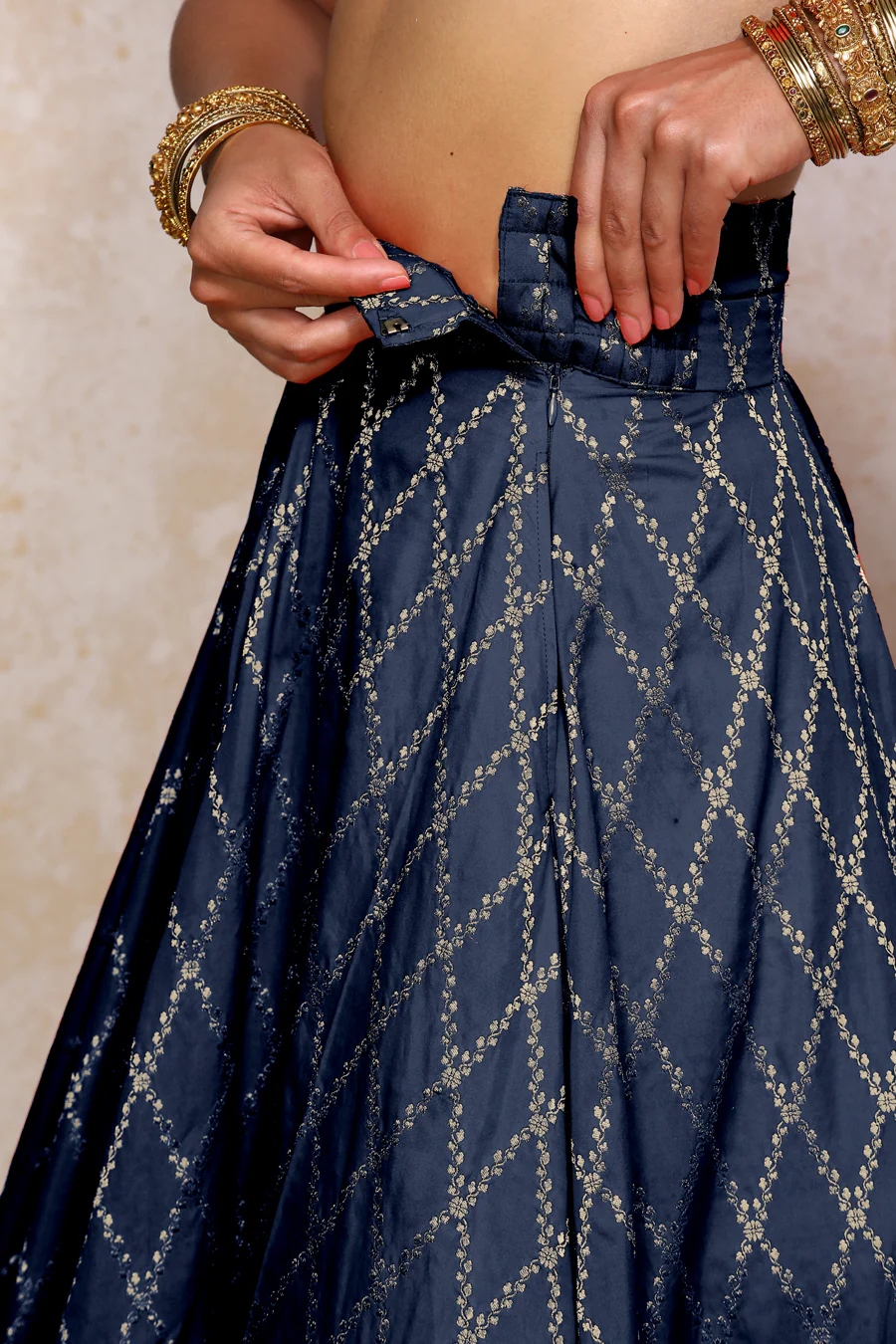Hoor x Tyohaar | Royal Navy Vine Mesh Brocade FlareFit™ Lehenga Set with Dupatta - Image 4
