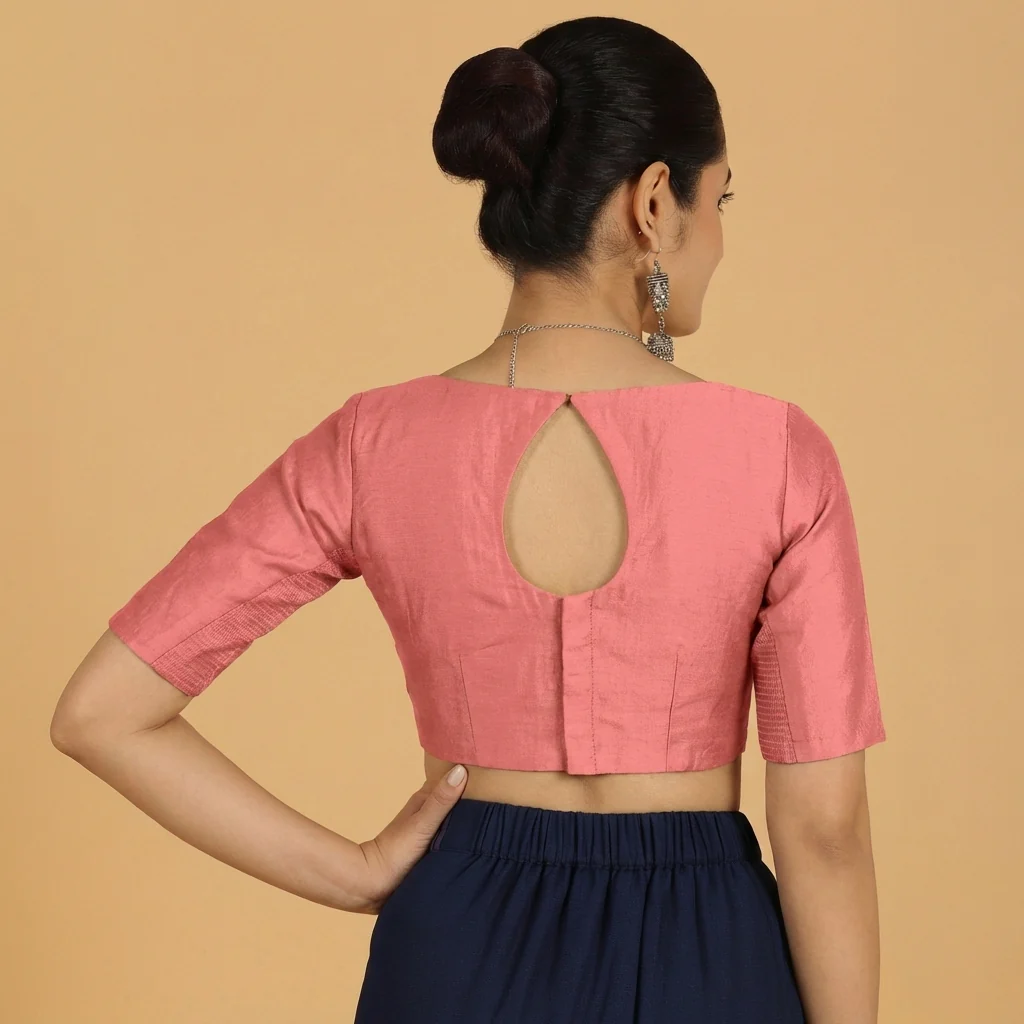 Jigyasa x Tyohaar | Elbow Sleeves Rose Pink Chanderi Saree Blouse - Image 2
